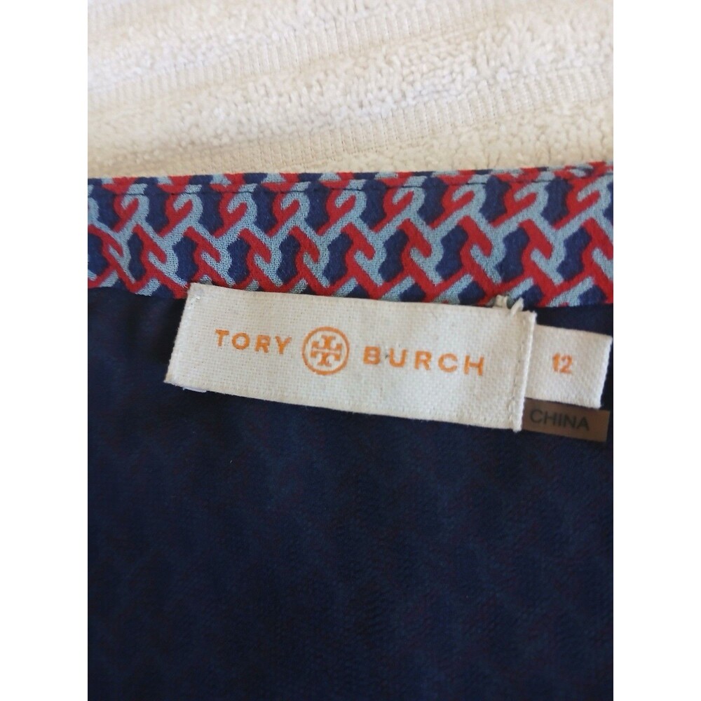 Tory Burch Women’s Mido Dress Blue Red Geometric Silk 12 Midi Career Designer - Picture 16 of 16